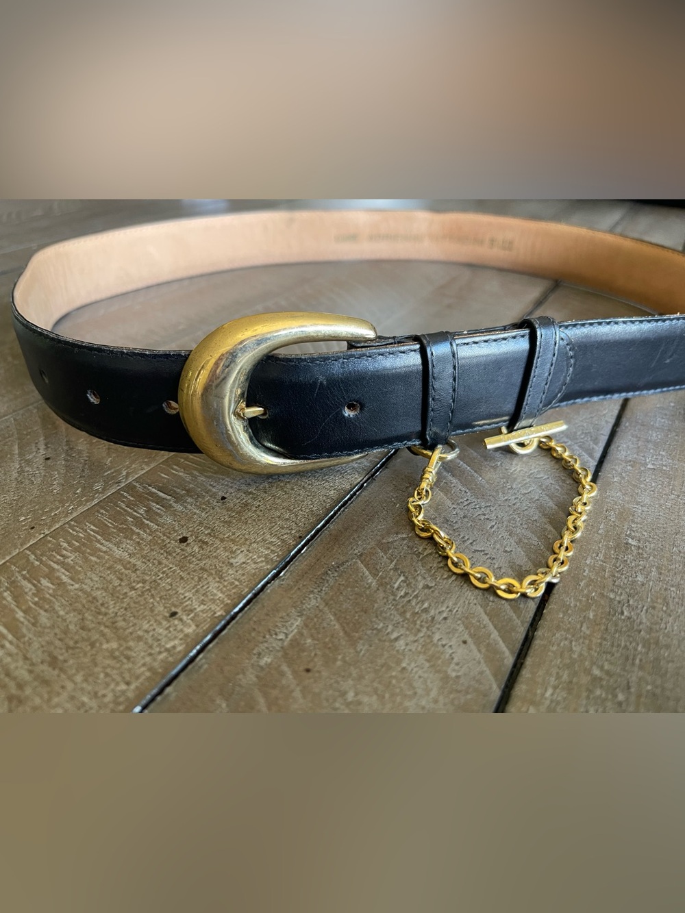 Vintage Adrienne Vittadini Black Leather Belt with Gold Buckle & Chain Accen